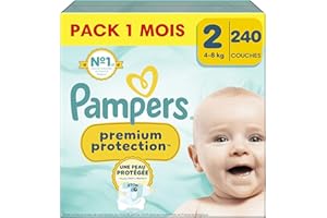Pampers Premium Protection, Taille 2, 240 Couches, 4-8kg, Double Protection pour la peau et contre les fuites Avec Poche Stop & Protect pour aider à capturer les Fuites, Pack 1 Mois