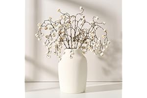 PORCER Ceramic Rustic Farmhouse Flower Vase, 7 Inch Boho Terracotta Vase for Home Decor, Living Room, Table, Shelf, Mantel Decoration, Farmhouse-White