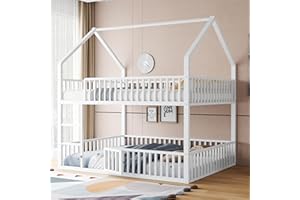 KEYIDE Letto a castello 140 x 200 cm, letto a soppalco per 2 bambini, letto con scala e porta, letto in metallo con protezione anti-caduta e rete a doghe, letto a castello, letto matrimoniale (bianco, 140 x