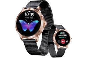 LUNIQUESHOP Okrągły smartwatch w kolorze złotym, damski połączony zegarek,wodoodporny, krokomierz, kalorie, tętno, ciśnienie krwi, sen,cykl dla kobiet, smartwatch z systemem Android/iOS czarny