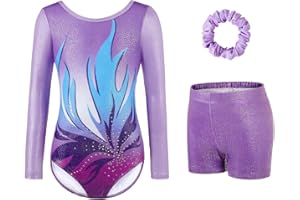 GYMGOING Gymnastics Leotards for Girls - Sparkling Gradient Design, Girls' Three-Piece Sleeve Gymnastics Leotard Set with Shorts for Ballet & Dance