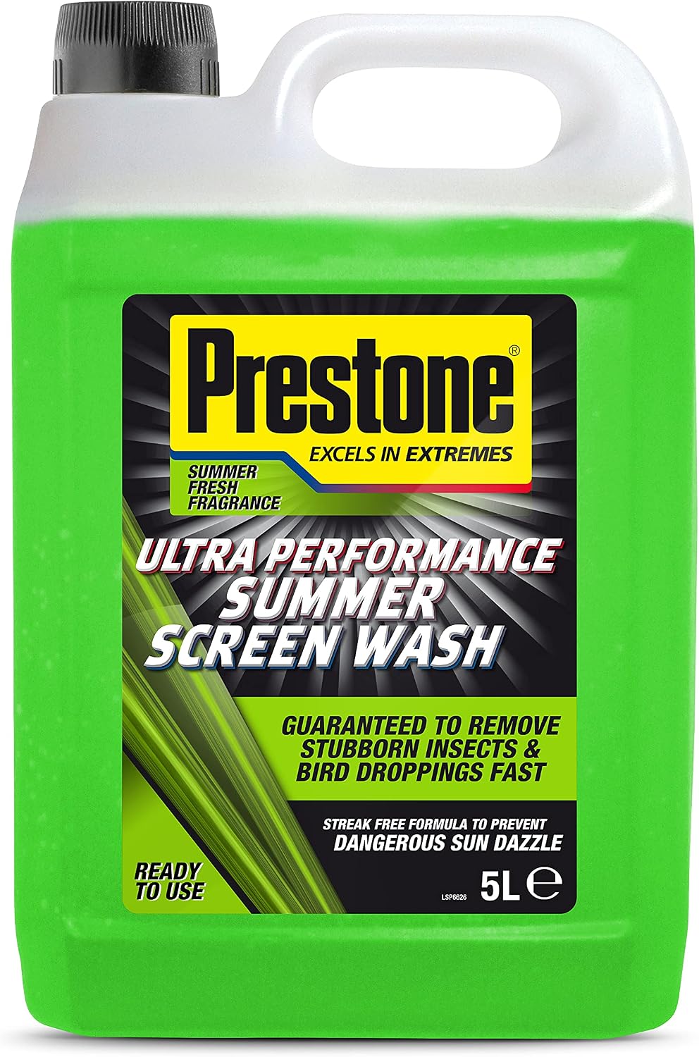 Prestone Screenwash, Ready To Use Screen Wash For Cars, High Performance Cleaning With Streak Free Formula, Maximum Visibility Summer Windscreen Washer Fluid, Removes Stubborn Dirt, 5L Bottle