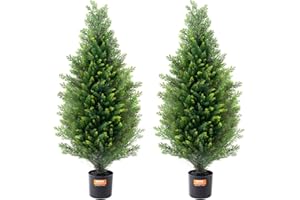 VEVOR Artificial Cedar Topiary Tree, 36 inch Tall (2 Pieces), with Extra Leaves & Pot Faux Evergreen Fake Pine Cypress Trees Plant, UV Rated Artificial Greenery Set for Home Decor Indoor/Outdoor