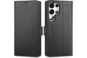 SHIELDON Etui portfelowe na telefon komórkowy Galaxy S23 Ultra, etui z prawdziwej skóry licowej z podpórką, etui na karty, magnetyczne z klapką kompatybilne z Galaxy S23 Ultra - czarne liczi
