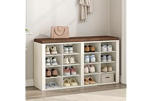 Hzuaneri Shoe Storage Bench with Padded Seat, Shoe Rack Bench with 16 Open Compartments, Adjustable Shelves, Shoes Cabinet with Cushion for Hallway, Living Room, Bedroom, White and Brown, SB25614KA