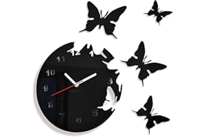 FLEXISTYLE Duży nowoczesny zegar ścienny motyl czarny okrągły 30 cm, 3D DIY, salon, sypialnia, pokój dziecięcy