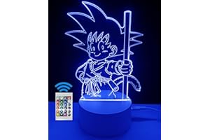 FAMVACOR Luz de noche 3D ilusión óptica lámpara decorativa de mesa Son Goku Niño Dragon ball 16 colores de iluminación y mando a distancia lámpara de mesita de noche para regalo (Son Goku Niño)