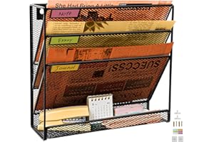 PLSOPPKG Porte-documents mural à 4 niveaux A4 à suspendre - En maille métallique durable - Porte-revue mural de bureau à 6 niveaux-Organisateur de courrier, Grand Trou de Maille, Noir