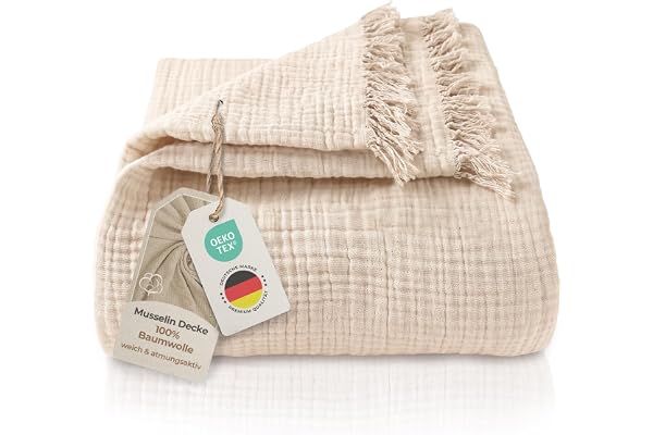 LAYNENBURG Premium muslin överkast med fransar 180 x 220 cm – OEKO-TEX | 100 % bomull – mjuk, lätt sommartäcke som överkast, bomullsfilt, sofföverkast, soffskydd