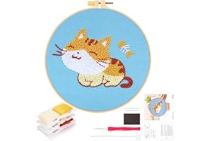 JSRQT Punch Needle Starter Kit,Kit di Ricamo per Aghi da Punzonatura con Motivo Gatto,Kit per Principianti per Ricami,Strumento di Ricamo Aghi da Punzonatura per Principianti Bambini Adulti