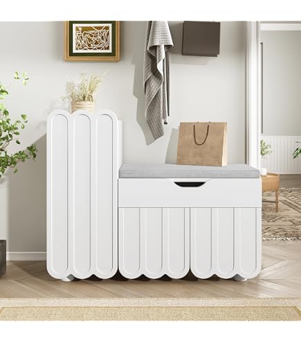 Scarpiera 2 In 1 Con Panca Imbottita E Ante Curve – 5 Ripiani Regolabili, Soft Close, 130x35x110 Cm, Nero