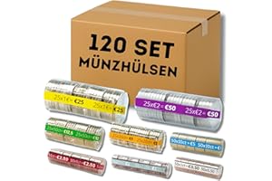ALEJANDRO FUENTES AF® 120 Münzhülsen mannigfach | 15 Münzrollen für 2 euro, 1 euro, 50cent, 20cent, 10cent, 5 2 und 1 cent, 15 Münzrollen Kunststoff x 8 Münzen (120 Mix Blister)