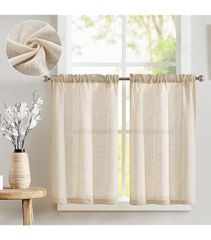 TOPICK Rideau Cuisine Beige 70x60cm - 2 Pièces - Passe Tringle, Semi-Transparent - Pour Évier, Petite Fenêtre