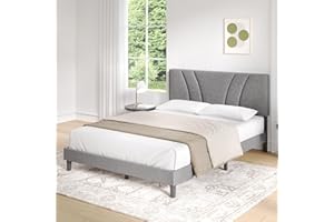 Novilla Somier 135 x 190 cm de Listones de Madera, Estructura de Cama de Laminas de chopo, cabecero tapizado Alto y cómodo de apoyarse, Fácil de Montar, Gris