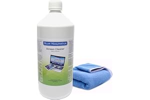 Blum Manufaktur Limpiador de pantalla, 1 botella de recarga de 1000 ml + paño de microfibra de 30 x 30 cm Supersoft 365 GSM – Limpiador de pantalla