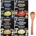 Cup Soup bundle contains Ainsley Harriot Broccoli & Stilton, Szechuan Hot & Sour, Cream of Wild Mushroom, Thai Chicken & Lemongrass, Total of 12 Sachets, Wooden Spoon