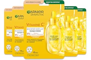 GARNIER Skin Active - Lot De 5 Masques Tissu Booster D'Éclat - Illumine, Hydrate & Repulpe La Peau - Vitamine C Et Acide Hyaluronique - Vegan & Cruelty Free - Peaux Ternes - x5