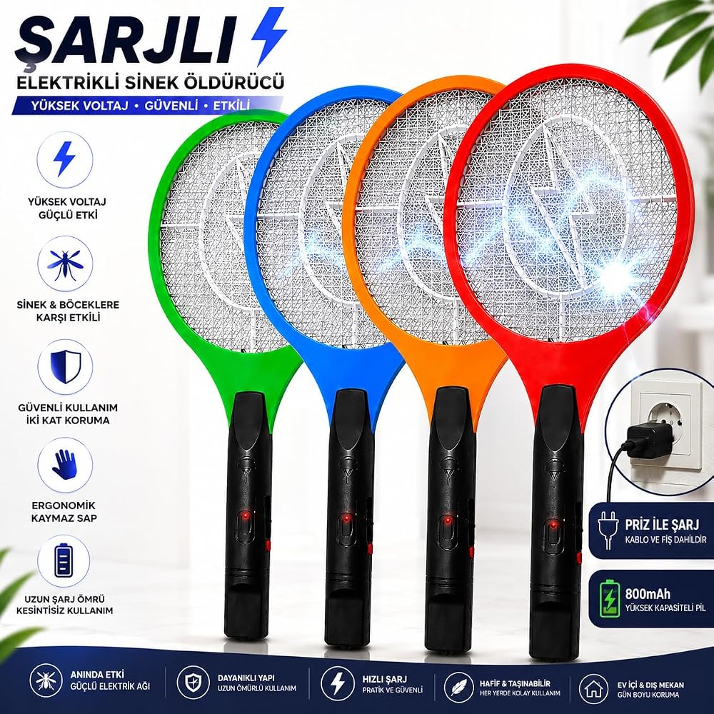 Krafz Sinek Raketi Sivrisinek Öldürücü Raket, Aç-Kapa Düğmeli Elektrikli Sarjlı Sinek Raketi, Güvenli Kullanım