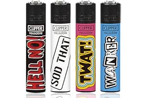 Zactly - 4 x Clipper Lighter Set NAUGHTY WORDS 3 FUNNY SAYINGS Rare Design Gas Refillable Standard Size Lighters Replaceable Flint - Limited Edition