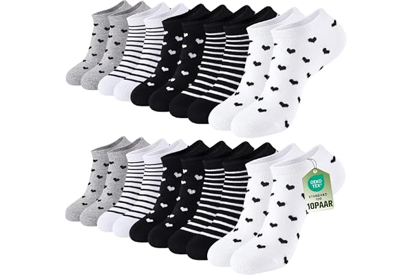 SukModen 10/20 Par Sneaker Strumpor Dam 35–38 39–42, Ventilerande Bomull Korta Ankelstrumpor, Sportstrumpor med Klassiska Ränder, Hjärtan och Polkaprickar