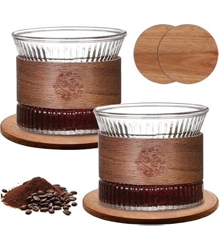 2 Tasses à Expresso En Verre 170 Ml Avec Support Bois Noyer - Pour Café, Thé, Cappuccino - Design élégant, Cadeau Idéal