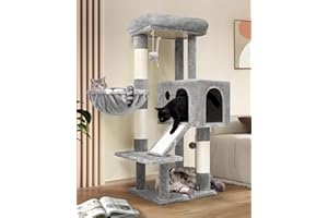 Globlazer Tiragraffi per Gatti con Grandi Grotte Cesto Imbottiti Piattaforma Rampa Graffiatura Sisal Peluche Giocattoli, Stabile Albero Tiragraffi Alto 116 cm per Gatti Grandi (S45, Grigio Chiaro)