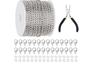 Glarks 102pcs 30ft Jewelry Chain set chaîne à maillons blancs rouleau de chaîne torsadée en vrac avec fermoir homard et anneau de saut