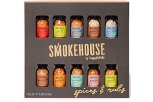 Smokehouse by Thoughtfully, Gourmet Grilling Spice Set in Mini Glass Bottles, Vegan and Vegetarian, Grill Seasoning Flavors Include Caribbean, Jamaican Jerk, Jalapeno, Montreal and More, Pack of 10