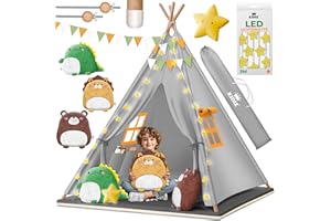 KIDIZ® Tipologia di tenda da gioco per bambini, 100 x 100 x 160 cm, in cotone, con catena LED, stelle luminose, ghirlanda di bandiere, 3 peluche, tappetino e borsa per il trasporto