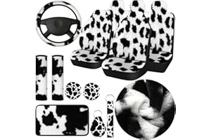 Frienda Cow Print Car Seat Covers Full Set for Women Men Cow Print Car Accessories Set Rubber Steering Wheel Cover Car Armrest Pad Cover Seat Belt Pads Wrist Holder Keychain (Plush)