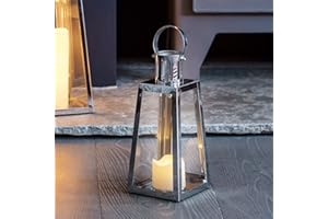 Lights4fun Stainless Steel Silver Trapeze Decorative Candle Lantern LED Battery Operated with Timer Regular 21cm