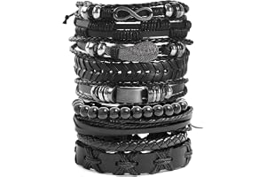 EGOINA Läderarmband för män, punk läder, 8–10 stycken flätad manschett, armband, träpärlor, dödskalle, metall, läderarmband