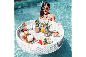 CGLYYDS Piscine De Piscine Table De Plateau Flottante, Plateau De Service Tissé En Rotin, Piscine Flottant Pour Adultes Pour Les Bancs De Sable, Les Spas, Le Bain Et Les Fêtes | Plateau Flottant,80cm-White