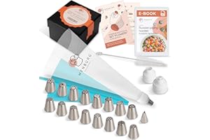 Wenburg Łatwy w użyciu zestaw końcówek do wyciskania – 43-częściowy 16 dużych rosyjskich końcówek cukierniczych, 1 nasadka na arkusze, adapter, 20 jednorazowych worków do wyciskania, silikonowa