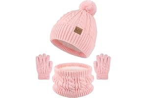 VZV Kinder Wintermütze Schal Handschuhe Set, Mädchen Warme Winter Strickmütze mit Bommel Schal Handschuhe für Jungen Mädchen 2-14 Jahre