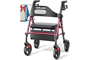 ‎HOMLAND HOMLAND Faltbarer Rollator mit Sitz für Senioren, 8 Zoll große Räder, 158 kg Tragkraft, verstellbare Griffe und Sitzhöhe, Leichter Rollator, rot