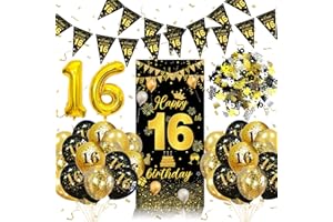 WEEYIN 16th Birthday Decorations for Boys Girls, 16th Birthday Balloons Black Gold with 16 Balloons, Triangle Flag Banner, Banner | 16 Year Old Party Supplies Decor