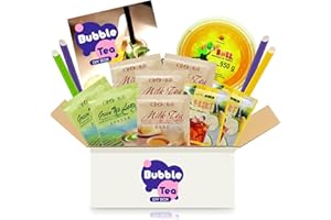 Bubble Tea DIY Set mit Passion Fruit Popping Boba - Für 4 Getränke - 14-teiliges Boba Tee Starter Kit - 3 Teesorten (Milchtee, Grüner Tee, Zitronen-Eistee), Fruchtperlen, Strohhalme, mit Anleitung