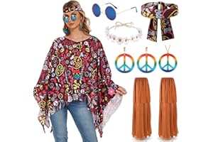 ZHSIHAI Accessoires de Déguisement Hippie 6PCS Accessoires de Déguisement Hippie pour Femme Ensemble de Costume des Années 60 et 70 Poncho Accessoires Hippie Collier de la Paix pour Carnaval