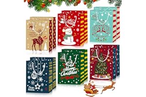 NLMWTI Sacs de Cadeau de Noël, Lot de 12 Grand Pochette série avec Poignées et Étiquettes Assorties pour Nouvel an et Fête, Sacs Cadeaux de Noël Personnalis