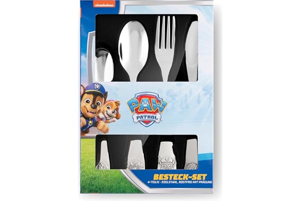 Paw Patrol 4tlg EDS-Besteckset | Kniv, gaffel, soppsked, dessertsked - Chase, Rubble, Skye och Marshall präglad - från 3 år
