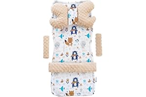Medi Partners Sitzauflage Kinderwagen Buggy Baby Sommer Kindersitz Einlage Universal - 5tgl Gurtpolster + Spielbogen Kinderwagenset Babyschale (Boho animals mit beigem Minky)