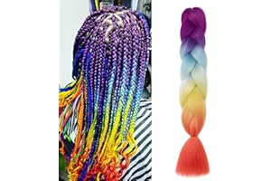 ‎GAIRYAN Gairyan Jumbo Braids Extensions Flechten Kunsthaar zum Einflechten Haar 1 Stück 100g Braiding Hair 60cm Ombre Synthetik Zöpfe Afro Hair für Box Crochet Braids (Lila & Blau & Gelb & Orange)