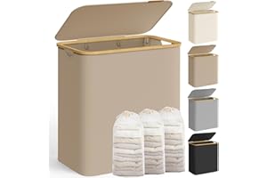 ‎SONGMICS SONGMICS Kosz na pranie z pokrywą, 3 przegrody, 150 l, wyjmowana torba, tkanina Oxford, uchwyty bambusowe, składany, 60 x 38,5 x 70,5 cm, brąz wielbłądzi LCB515N02