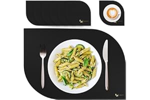 BW BLACKWHITE STORE Blackwhite Store Tischsets Abwaschbar Wasserdicht PU Kunstleder Platzset Abwischbar Lederoptik Schwarz 6er-Set 2 Ecken Untersetzer-Set 43x30cm 10x10cm Platzdeckchen Leder für Home Hotel & Restaurant