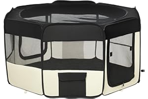 PawHut Parc enclos Pliable pour Chats et Petits Animaux octogonale en Tissu Oxford et Acier - dim. Ø 120 x 58H cm - Noir et crème