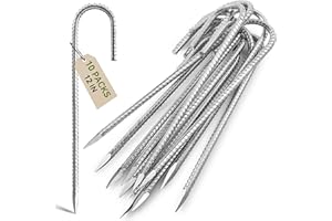 Graxury 10Packs 12inch Heavy Duty Trampoline Tents Anchor Ground Pegs - Galvanized Steel Rust-Proof J Hook Rebar Stakes Fit Trampolines Camp Garden Shed Swings with Chisel Point End