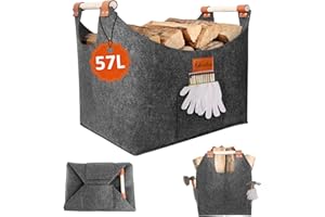 KELVINDRA Log Basket - Extra Thick 4mm Wood Baskets for Logs, 57L Large Log Carrier with 15x18cm Double Pockets & Wooden Removable Handles, Felt Storage Bag for Shopping, Toy and Clothes