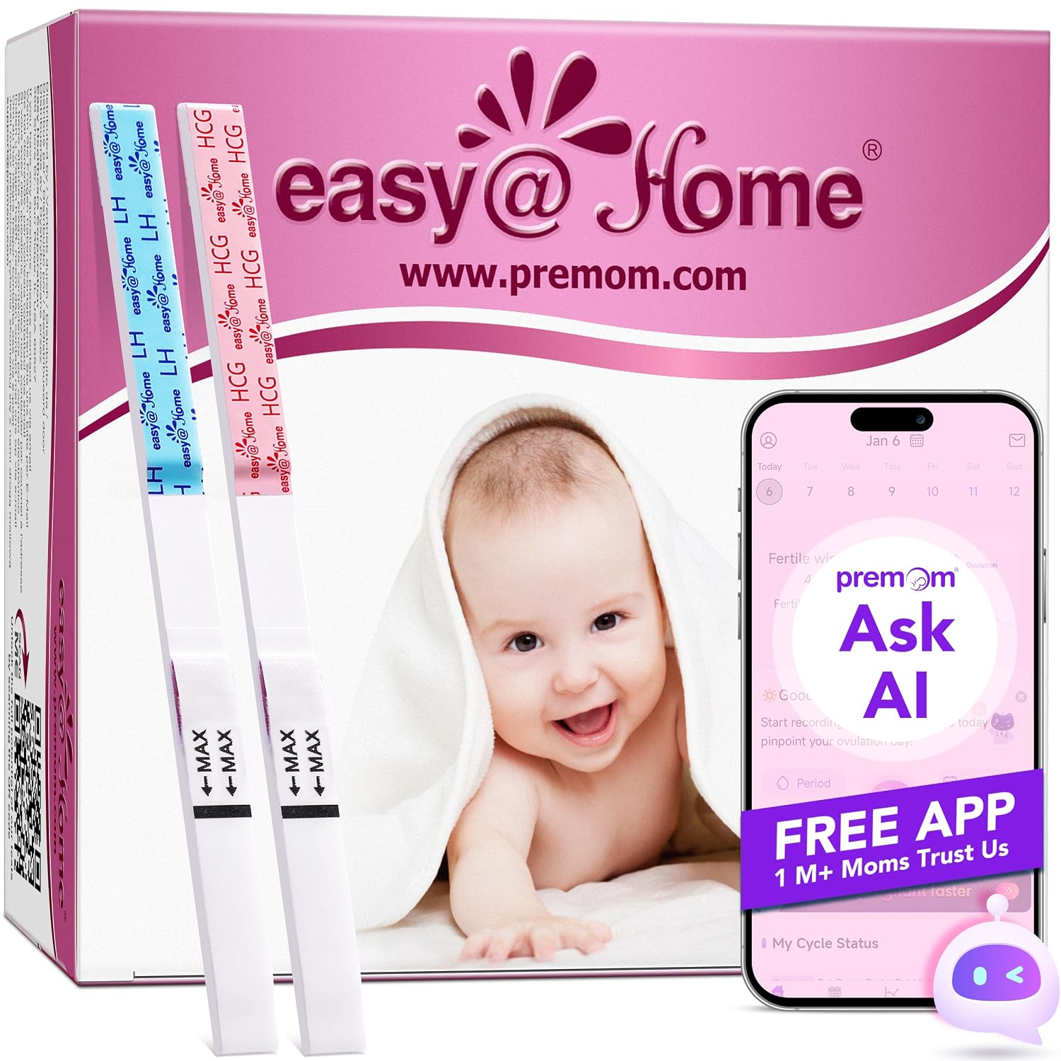 Easy@Home 50 x Ovulatietesten en 20 x Zwangerschapstesten, Met Premom Ovulatie Predictor iOS en Android App, 50 LH +20 HCG