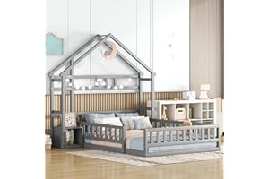 MYBOO Kinderbett Bodenbett Doppelbett 140x200 cm mit Nachttischen&Sicherheitsgitter&Lattenrost&Dach, Montessori Bett Bed Gitterbett Hausbett Holzbett Bettgestell Jugendbett, Kiefernholz, Ohne Matratze, Grau